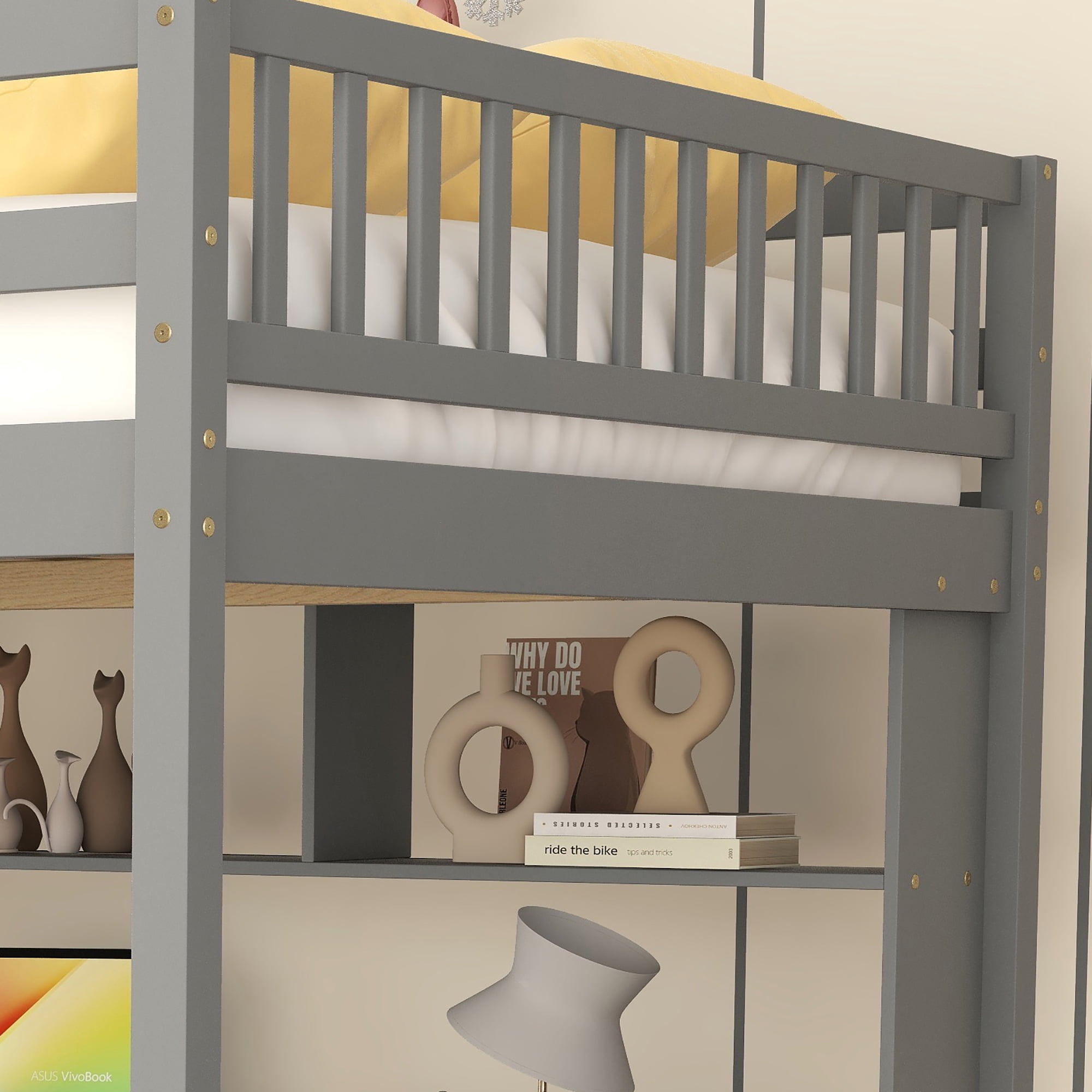 Leumius Full Size Loft Bed with Safety Guardrail, Wood Loft Bed with Desk, Storage Shelves and Staircase for Boys Girls Grey
