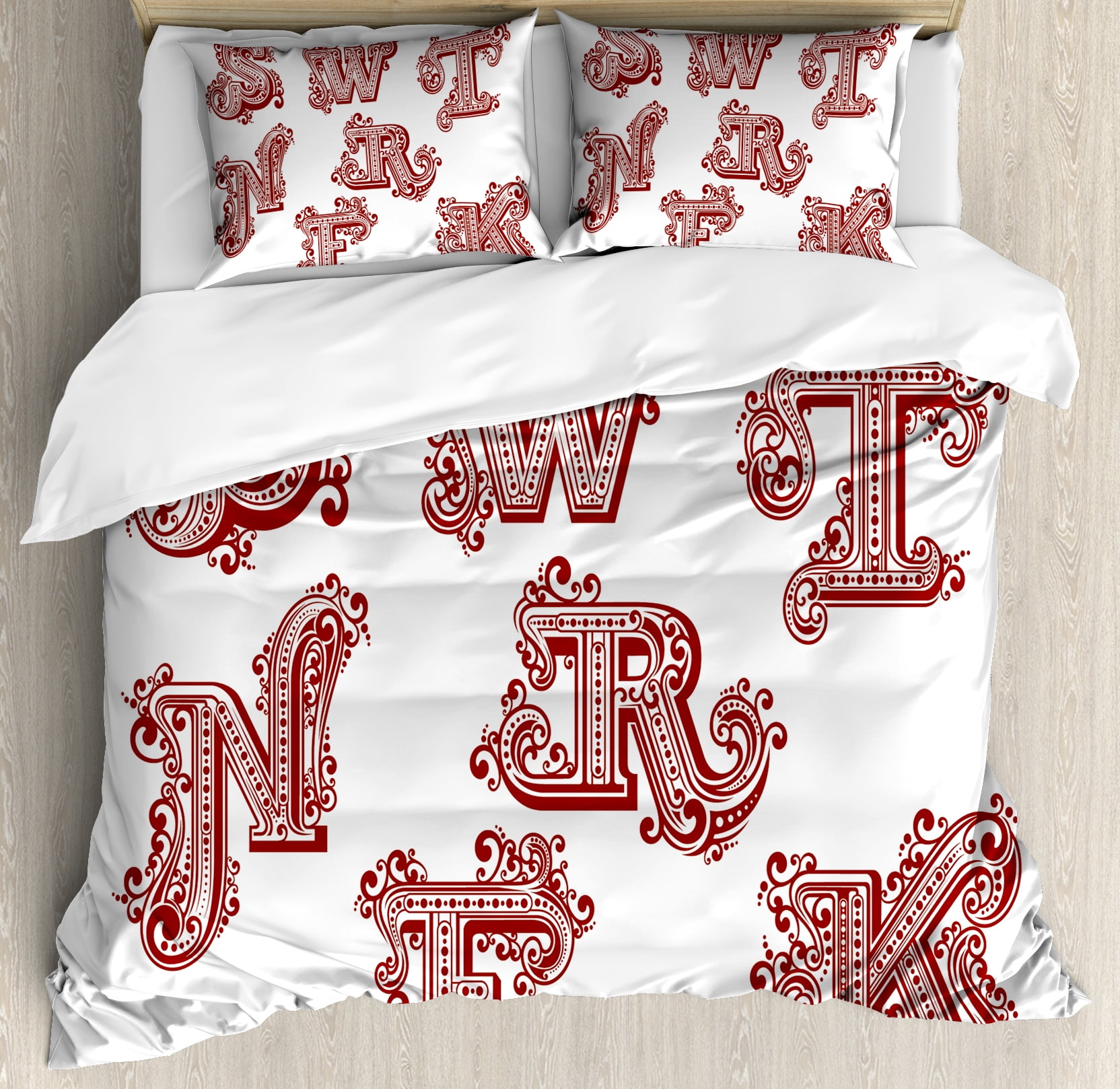 Letters Queen Size Duvet Cover Set Uppercase Letters In Vintage Swirly Style Ornate With