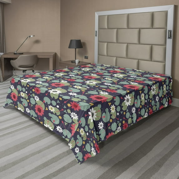 Floral Flat Sheet, Pond Lake Surface Pattern with Flowers Water Lilies Lotus Illustration, Soft Comfortable Top Sheet Decorative Bedding 1 Piece, 6 Sizes, Multicolor, by Ambesonne