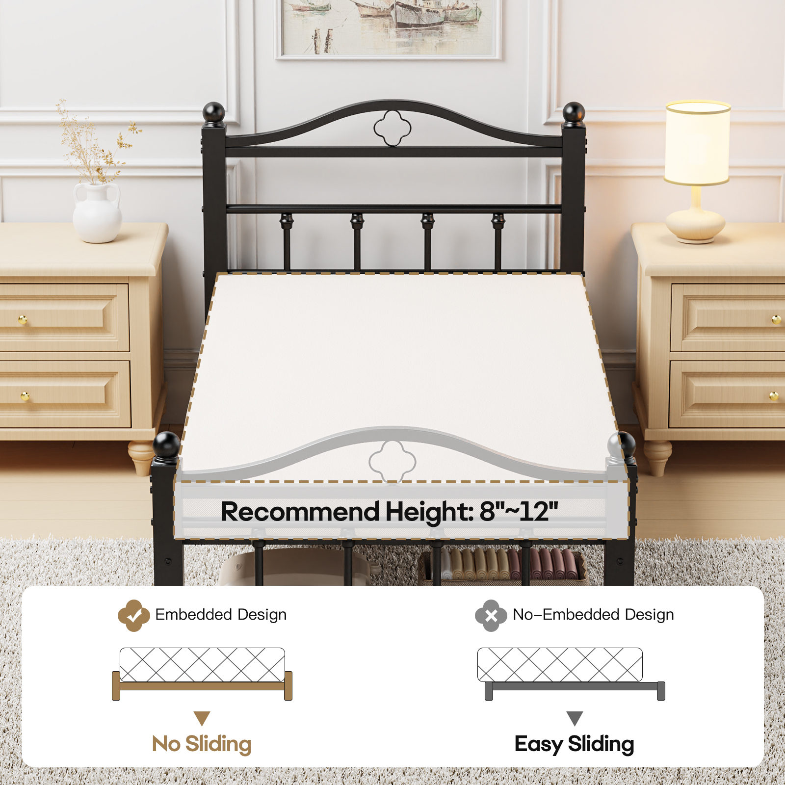 Twin Bed Frames With Headboard -Heavy Duty Twin Size Bed Frame, 1500LBS Capacity & Noise Free Design, 12 Inch Under-Bed Storage, No Box Spring Needed, Easy Assembly, Black