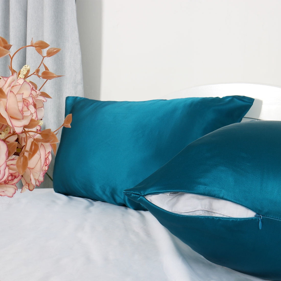 Unique Bargains 2 Pieces 100% Silk Fabric Pillowcase Peacock Blue Travel Size