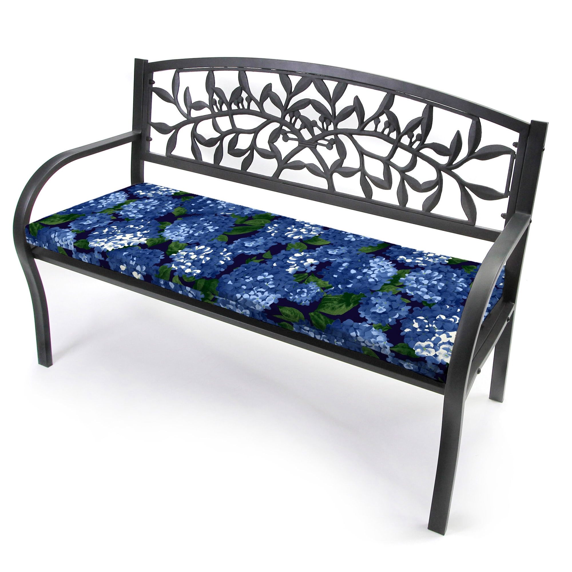 Jordan Manufacturing 54" x 18.5" Hydrangea Midnight Navy Floral Rectangular Outdoor Settee Swing Bench Cushion with Ties