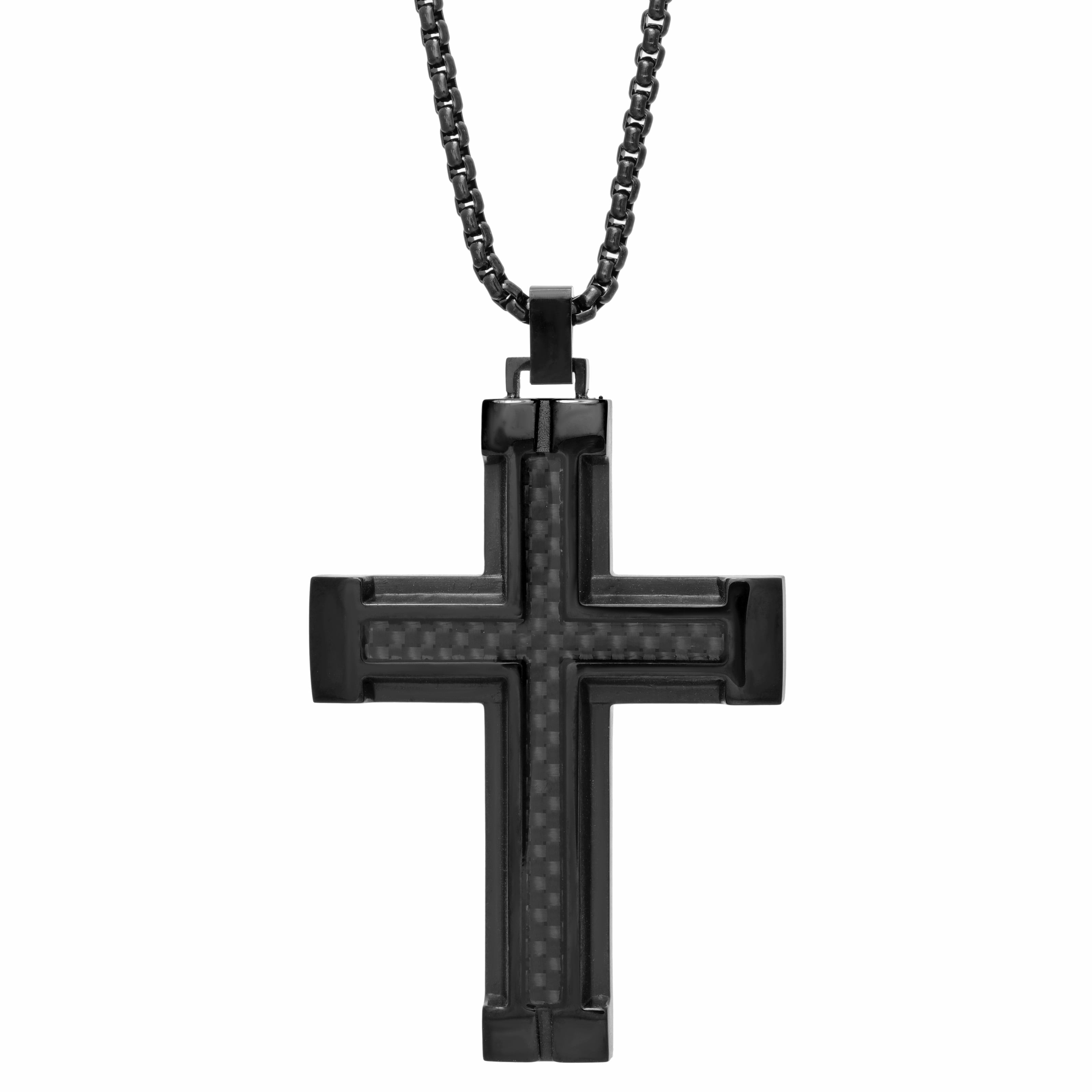 Stainless Steel and Carbon Fiber Cross Pendant with Black Ip on 24