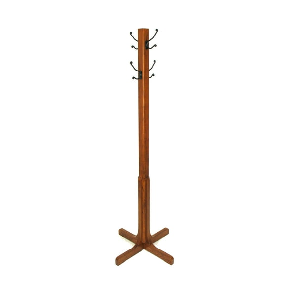 Benjara Wooden Coat Stand with X Frame Base and Metal Hooks- Oak Brown