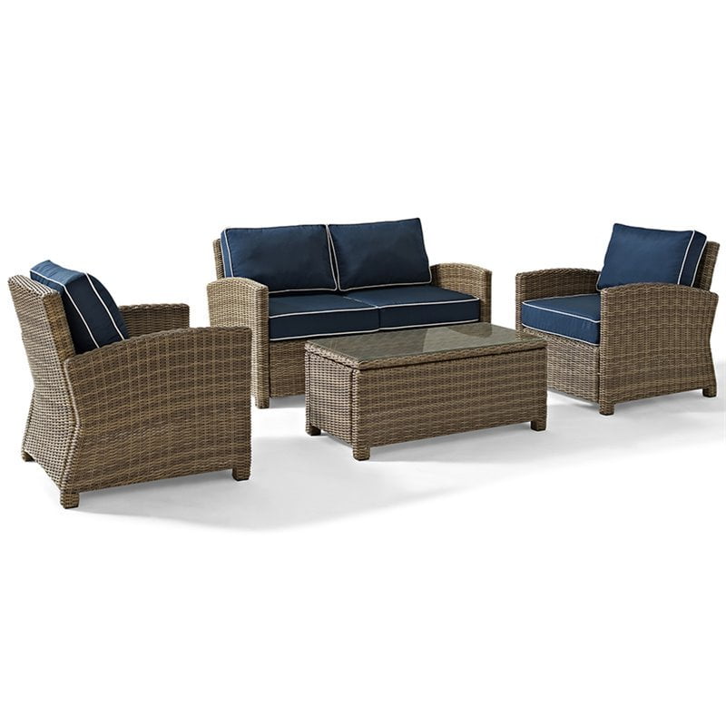 Crosley Furniture Bradenton 4 Piece Outdoor Wicker Seating Set with Navy Cushions Loveseat
