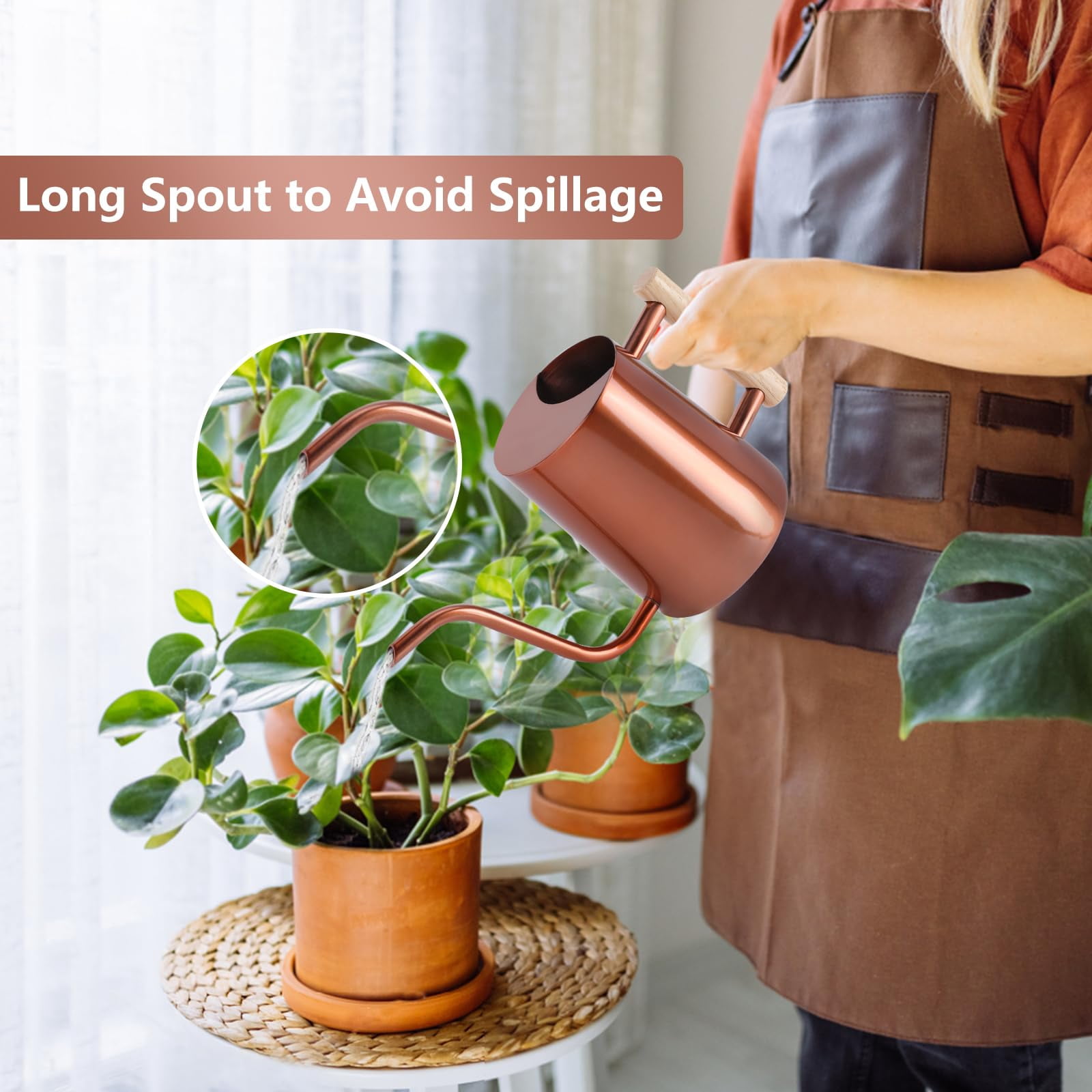 Watering Can Indoor Plants, 35oz Small Stainless Steel Metal Watering Can Modern Decorative Watering Pot with Long Spout for Indoor House Plant Bonsai Garden Flowers (Copper) - COPPER