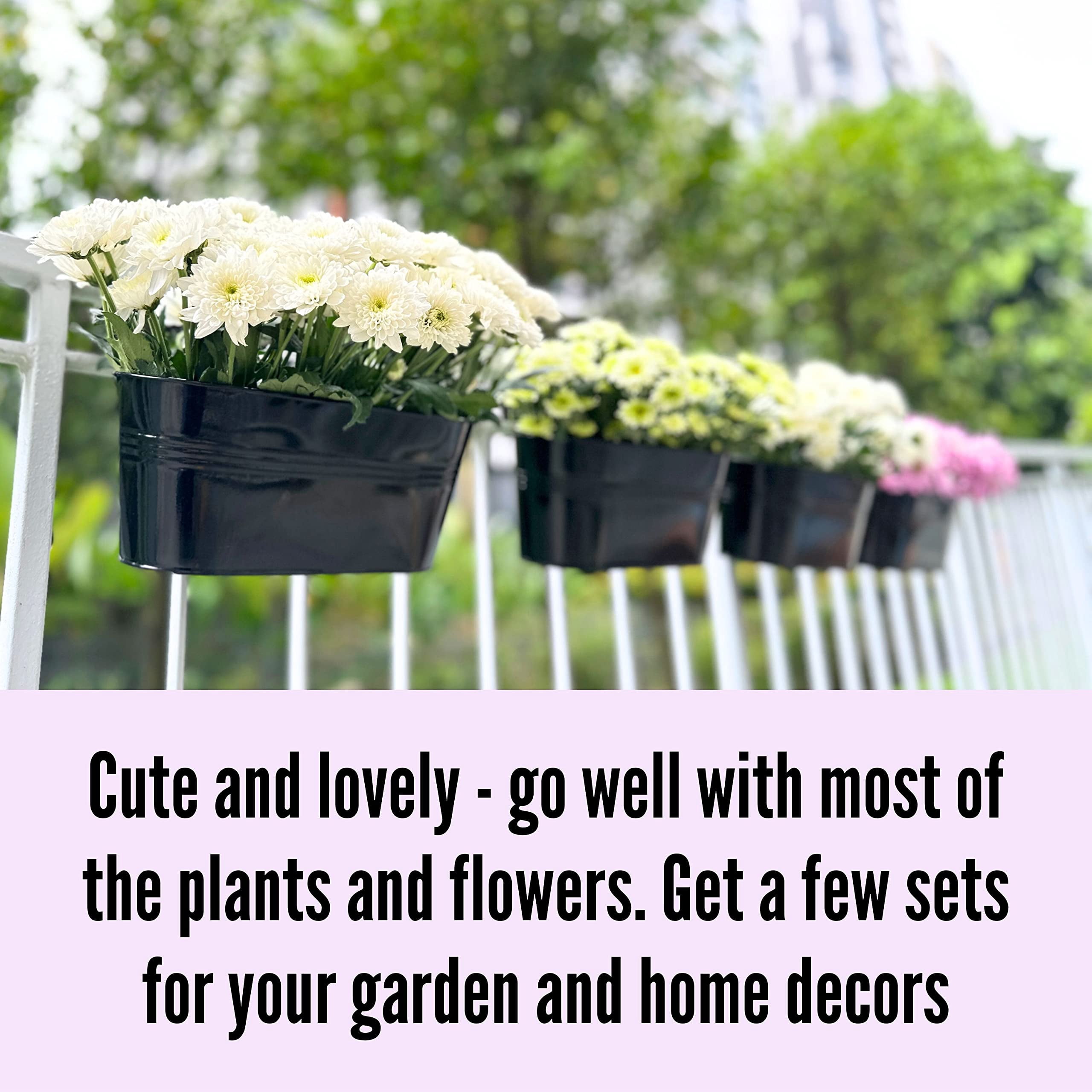 Outdoor Railing Planter 2 Pack 11.2 Inch Black Metal Hanging Flower Pots Deck Rail Fence Hanging Bucket Modern Window Box Plant Holder with Hooks Porch Decor