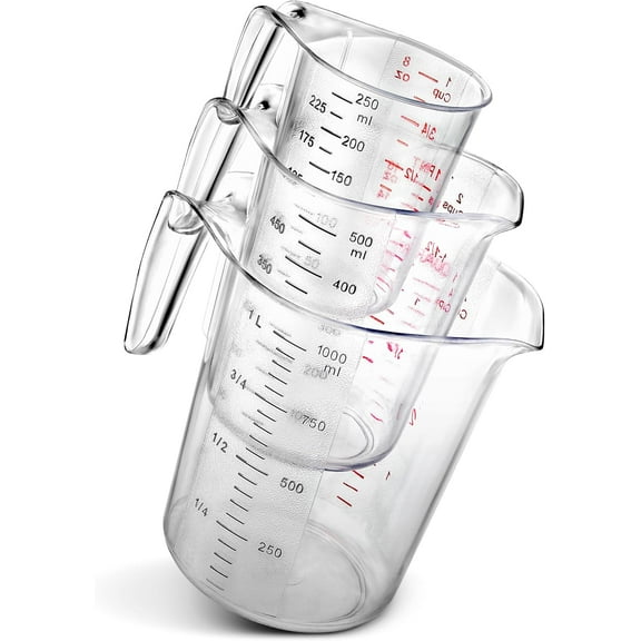Three-piece liquid measuring cup set - 1, 2 and 4 cup capacities, embossed plastic measuring cup set
