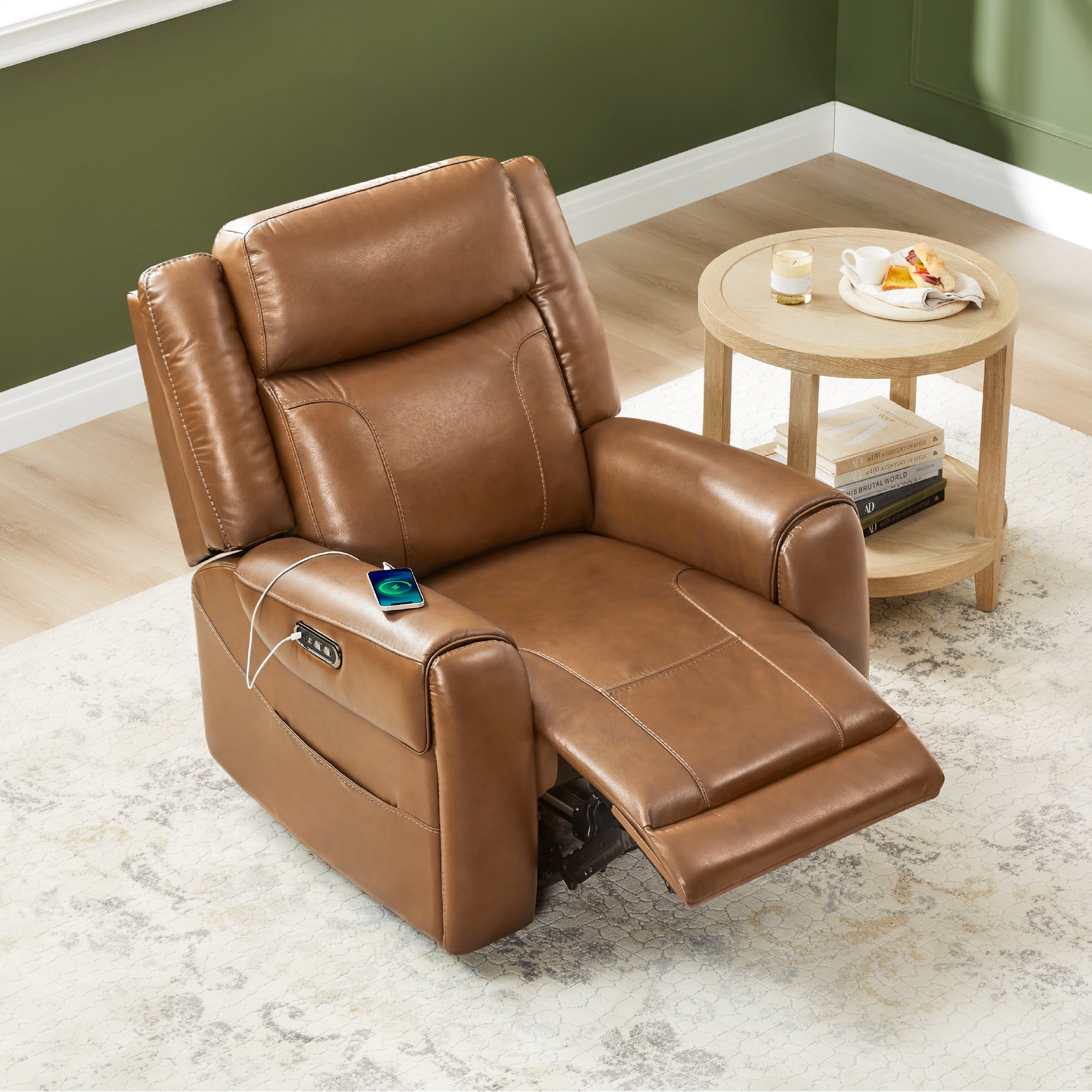 Spruce & Spring Wall Hugger Genuine Leather Power Recliner with Headrest, Saddle