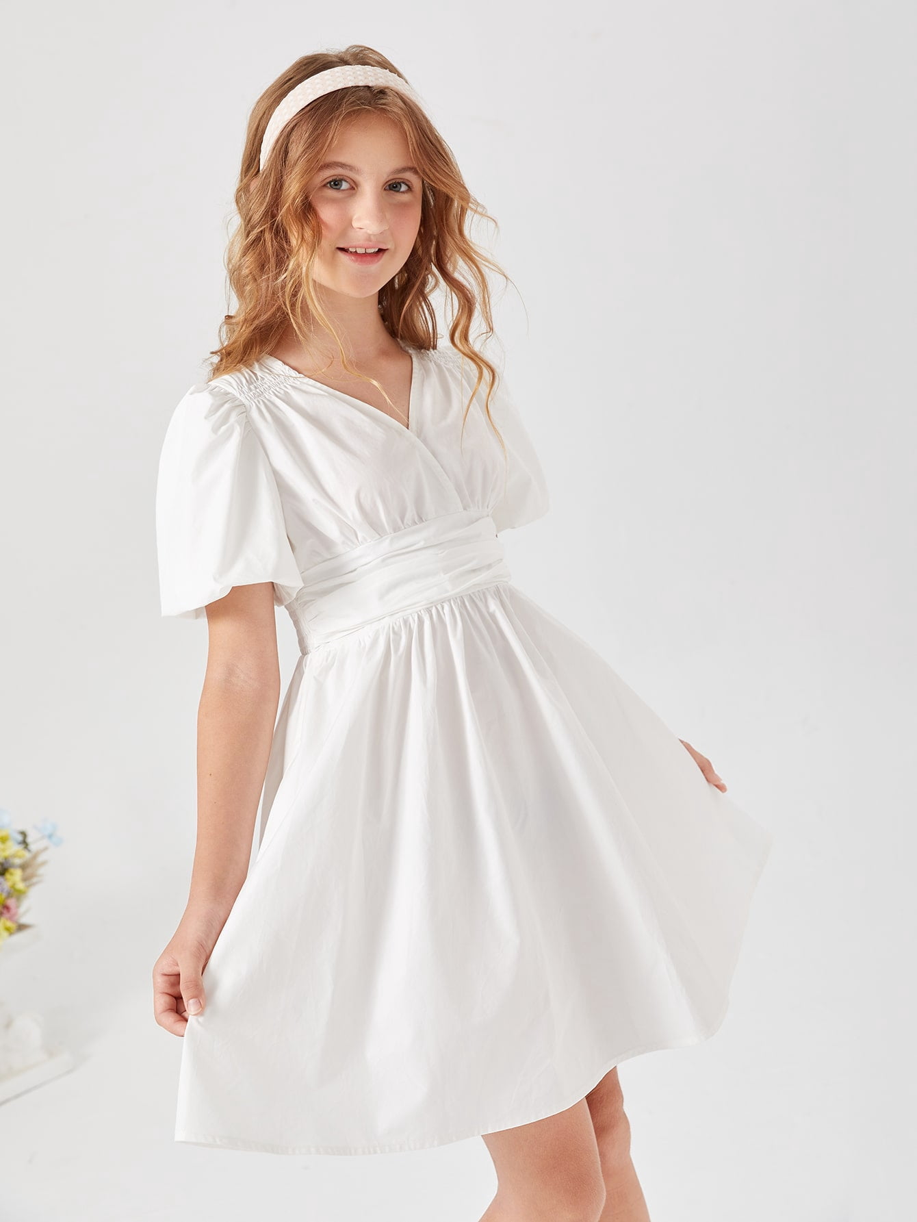 White Teen Girls Ruched Puff Sleeve 