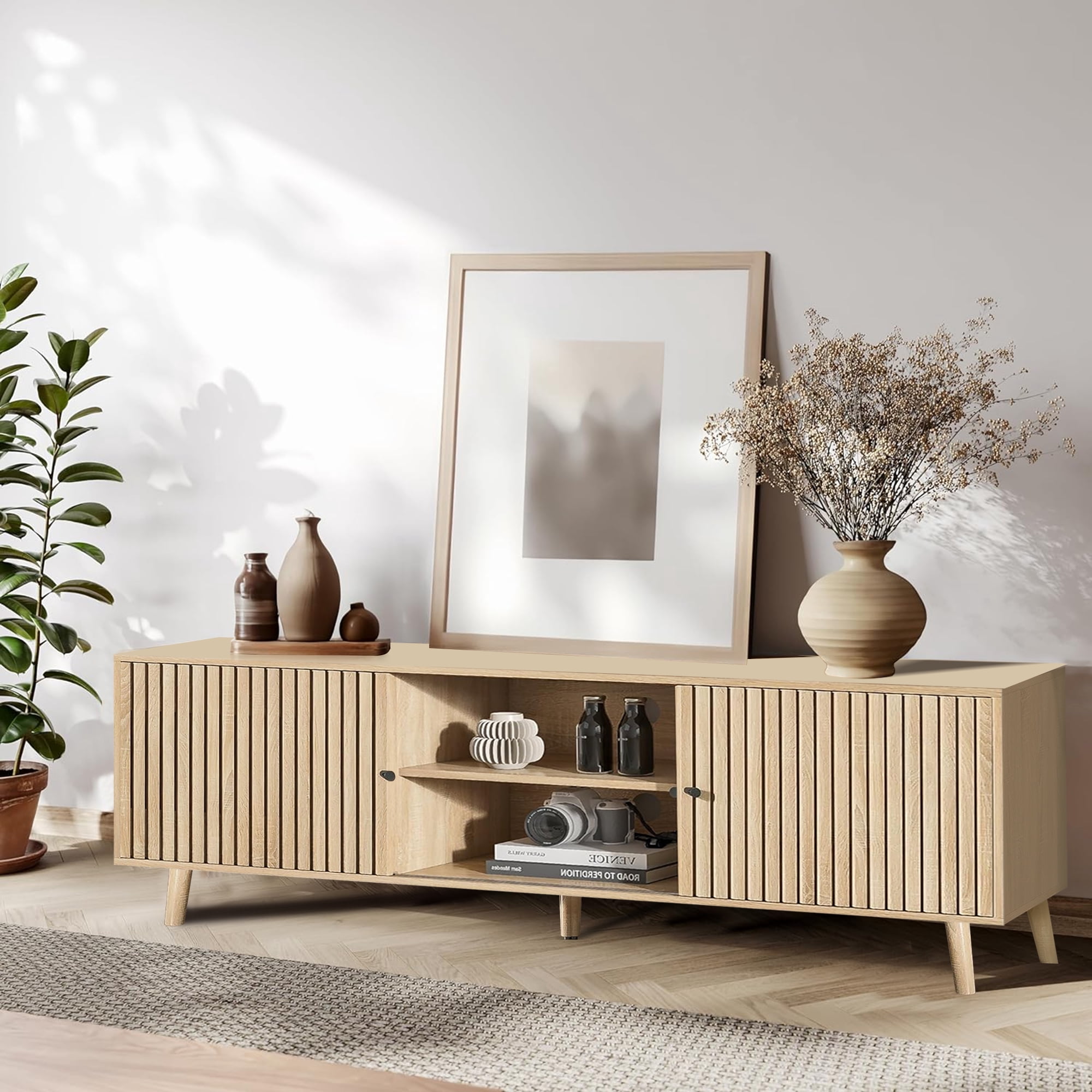 Mid-Century Modern TV Stand for TVs up to 70”, Sliding Door Wood Entertainment Center with Storage, Natural