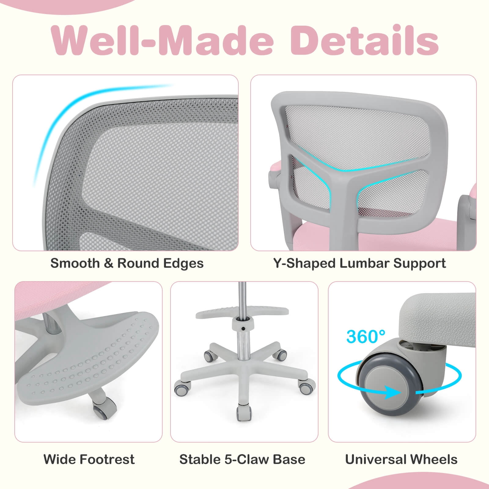 Costway Kids Desk Chair Children Study Chair with Adjustable Height, Armrest & Footrest Pink
