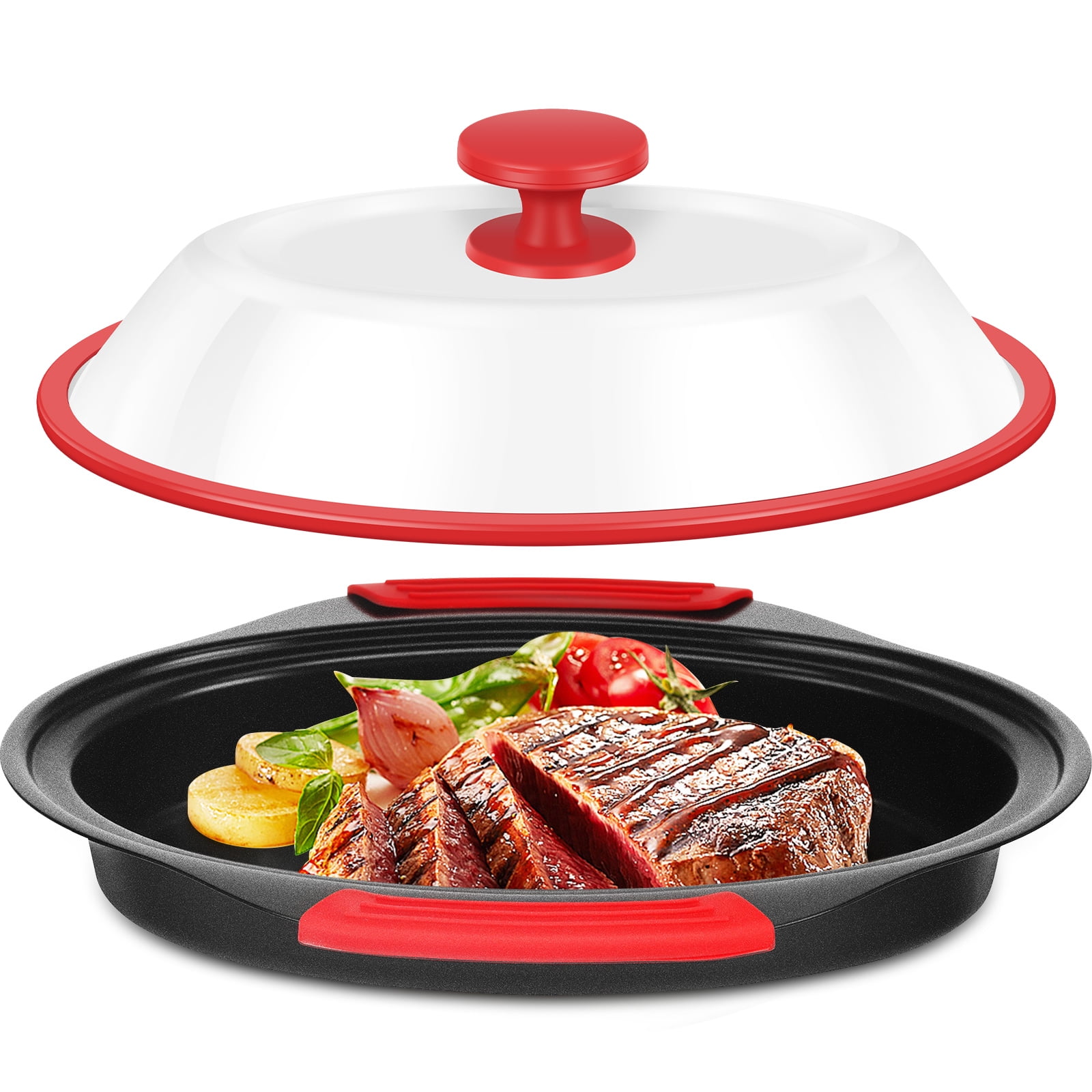 Qenwkxz Microwave Bacon Cooker, Red Microwave Bacon Grooved Cooking Tray with Splatter Lid, Microwave Grill Pan, Easy to Clean, Convenient Kitchen Tool, Dishwasher Safe