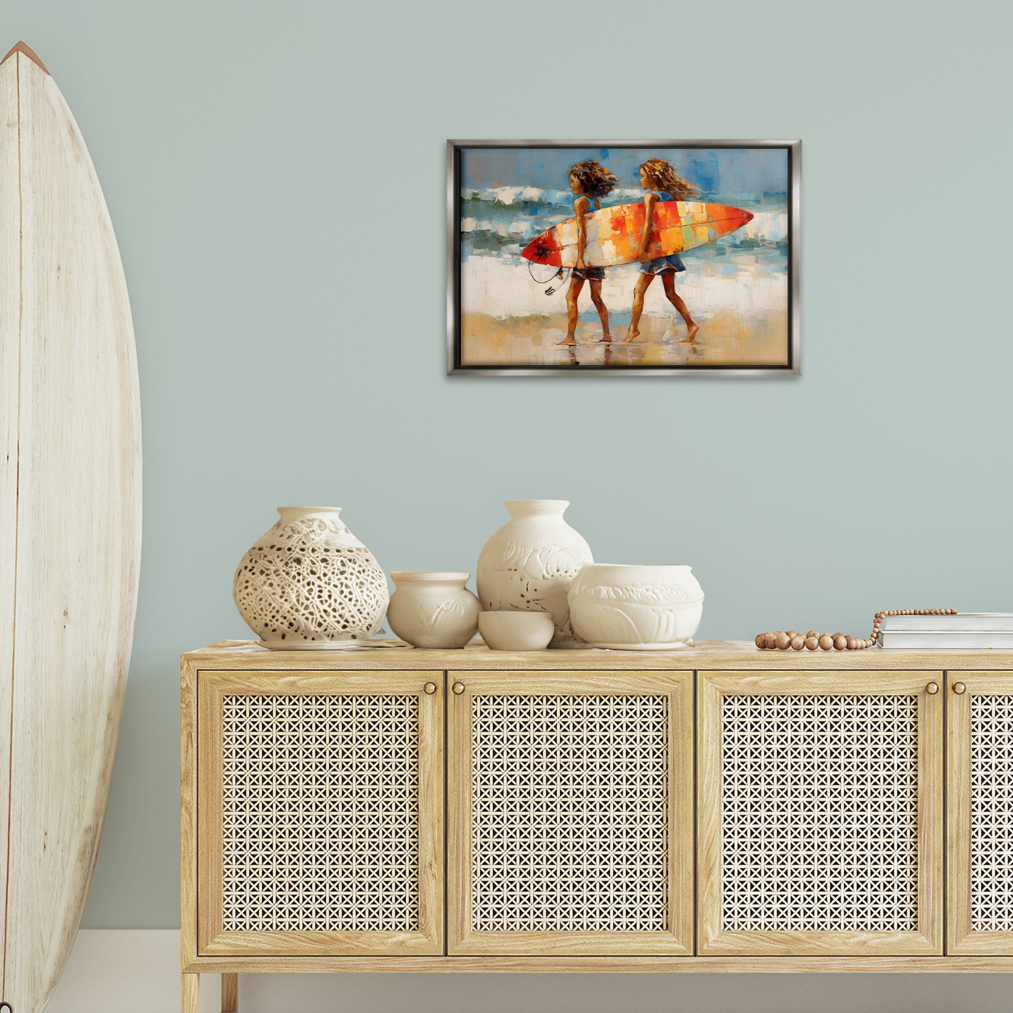 Stupell Industries Surfboard Kids Friends Sports Painting Gray Floater Framed Canvas Art Print Wall Art, 25 x 17