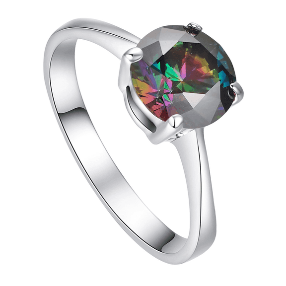 Yoursfs Dainty Silver Rings For Women Mystic Quartz Round 8x8mm Multi-color Crystal Ring 18K White Gold Plated Costume Jewelry Rings (Size 6)