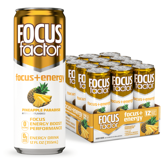 Focus Factor Energy Drink - 12 x 355ml Cans (Pineapple Paradise Flavor) - with Focus   Energy - Lightly Carbonated, Sugar Free, Low Calorie with Vitamin B6 & Vitamin B12