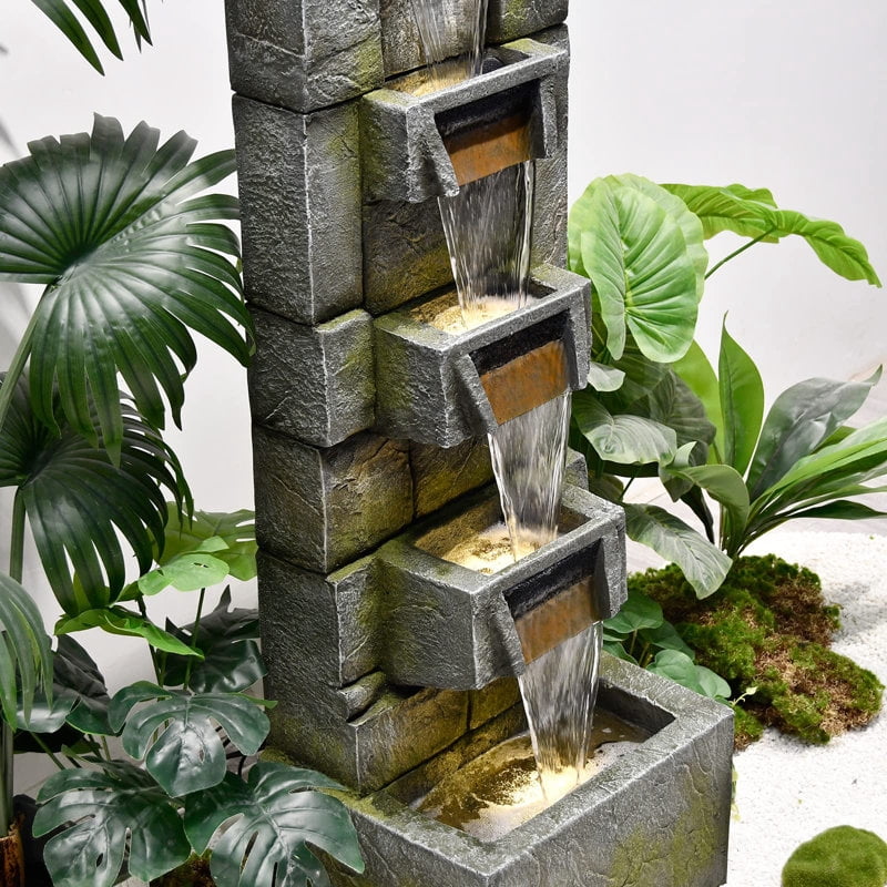 Water Fountain Outdoor Modern Waterfalls Garden Fountains with Lights for Garden, Patio, Backyard, Deck, Porch and Home Art Decor