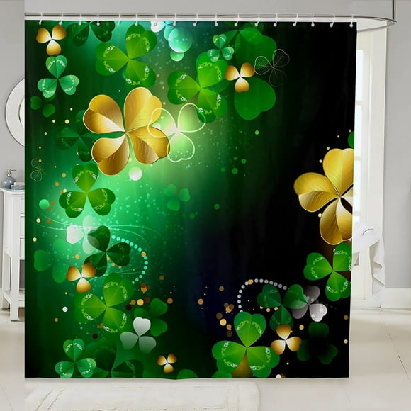 Lucky Clover Kids Shower Curtain - St. Patrick's Day Green Shamrock Decor, Waterproof Bath Curtain with 12 Hooks, 72 x 72 for Girls Room and Bathroom Decor