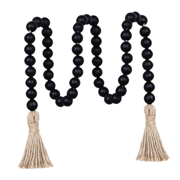 Cuentas bohemias de oración con borlas y cuentas de madera chic de 100 cm y detalles de cuerda de yute Negro