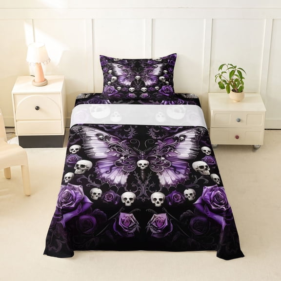 Homewish Halloween Horror Skull Twin Sheets,Purple Rose Butterfly Bedding,3 Pieces,1 Fitted Sheet and 1 Pillowcase