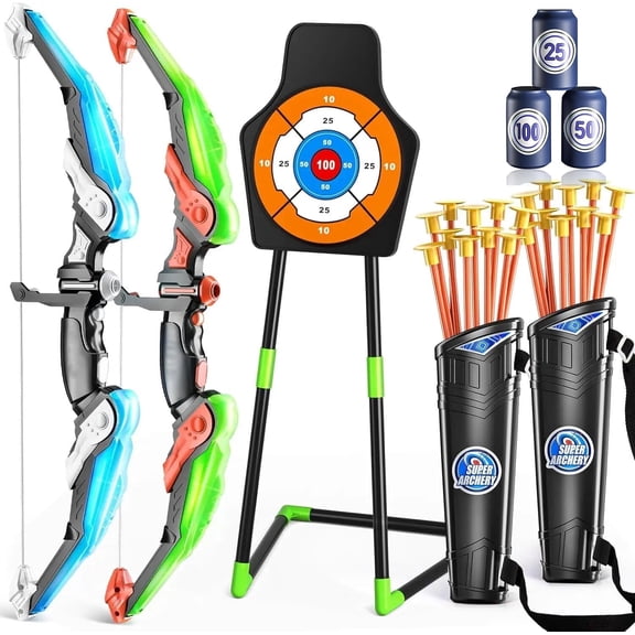 Bow and Arrow Set -LED Light Up Premium Archery Target Play Set with 20 Suction Cup Arrows, 1 Standing Target, 2 Quiver, 3 Targets, Indoor Outdoor Sport Excellent Gift for Family and Friends