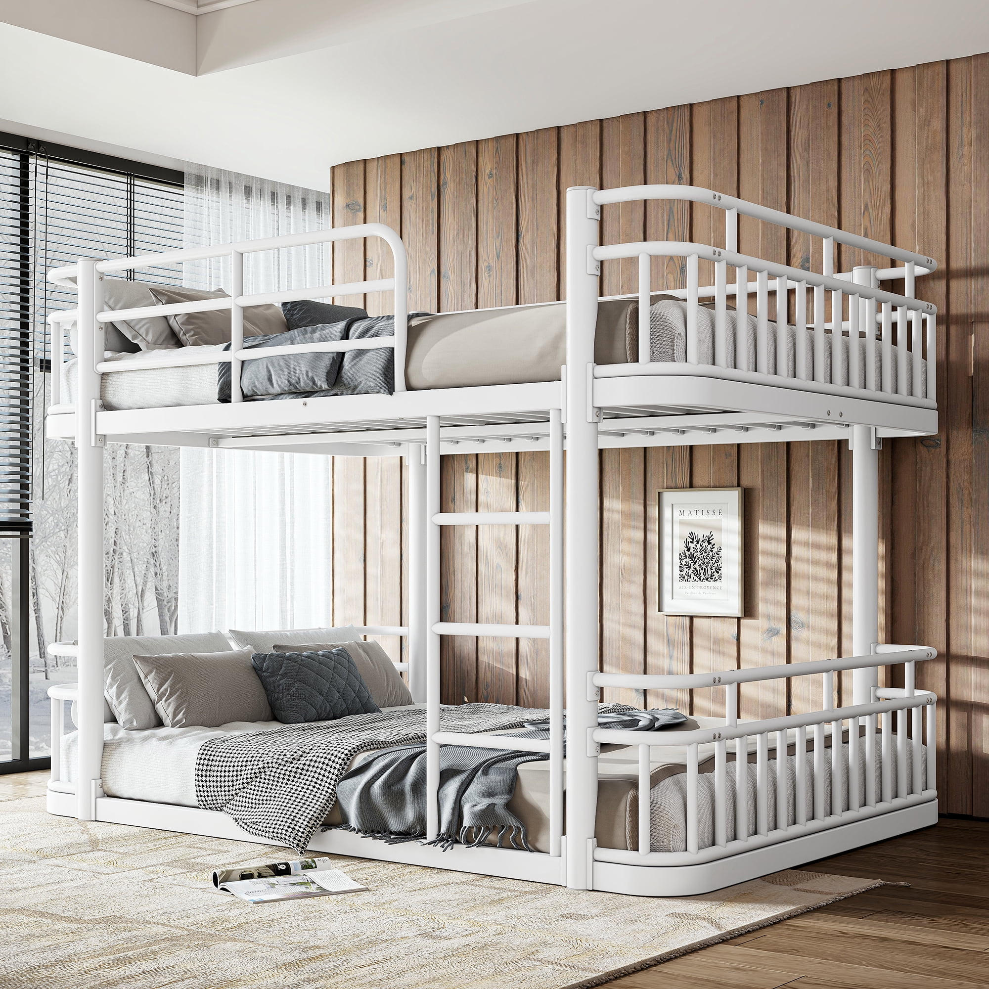 Leumius Full over Full Bunk Bed Frame with Ladders & Guardrails, Upgraded Round-Pipe Metal Frame, Stylish & Versatile for Any Room,White