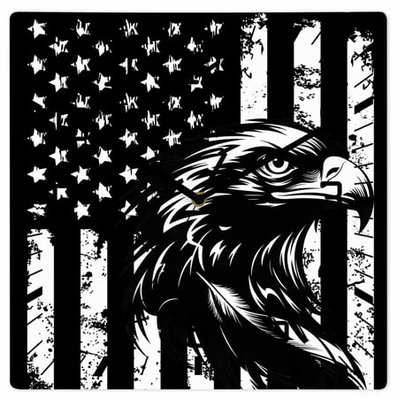 American Flag Wooden Wall Clock Silent Non Ticking, Black US Flag Eagle Square Wall Clocks Battery Operated, Decor Clock for Home Office, Living Room, Kitchen, 10 Inch