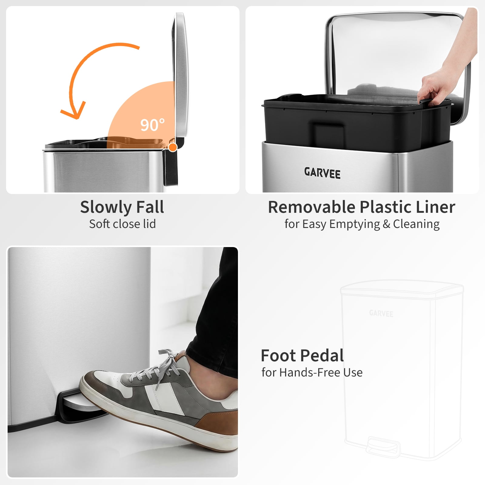 Garvee Kitchen Trash Can, 13 Gal / 50 L Stainless Steel Large Garbage Can with Quiet Soft-Close Lid, Step-on Kitchen Metal Trash Bin with Removable Inner Bucket for Living Room Office Garage,Silver