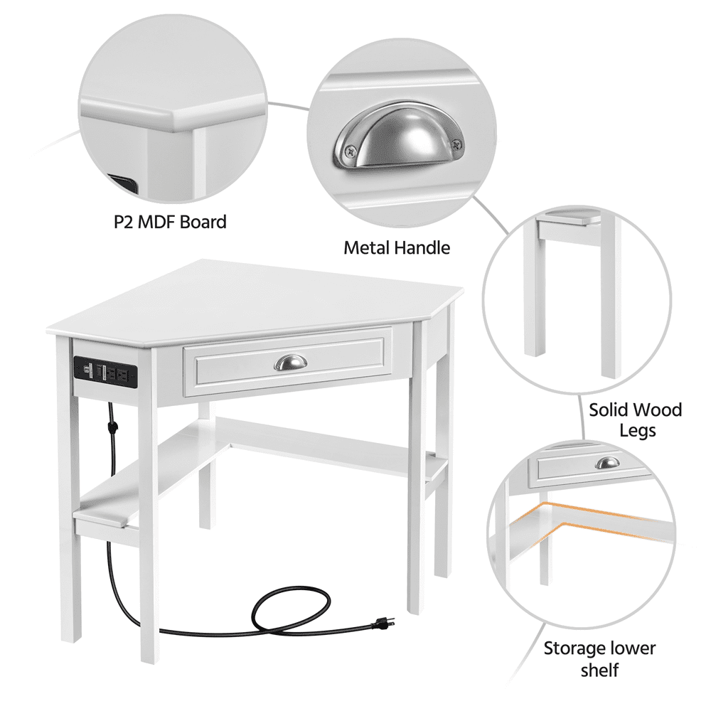 Yaheetech Corner Computer Desk Workstation with Power Outlet Storage Drawer, White