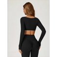 thumbnail image 6 of PISONIC Workout Sets for Women 2 Piece Square Neck Long Sleeve Crop Tops High Waist Flared Leggings Gym Sets, 6 of 12