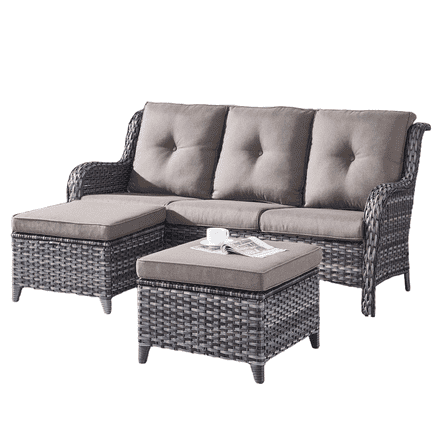 Gymojoy Outdoor Furniture 3-Piece Sofa, Patio Rattan Wicker Seactional Couch with Ottoman, Gray