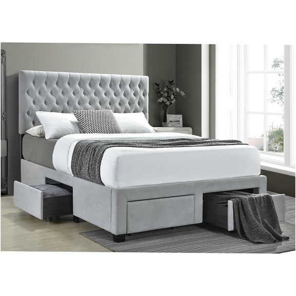 JERFIT Queen Upholstered Storage Bed with Headboard, Light Grey Fabric Platform Bed with 4 Drawers, No Box Spring Needed