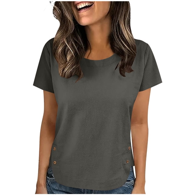 Camisas de Cuello de la Tripulación de Manga Corta para las Mujeres de la Moda de Color Sólido Arrugado Suéter Superior