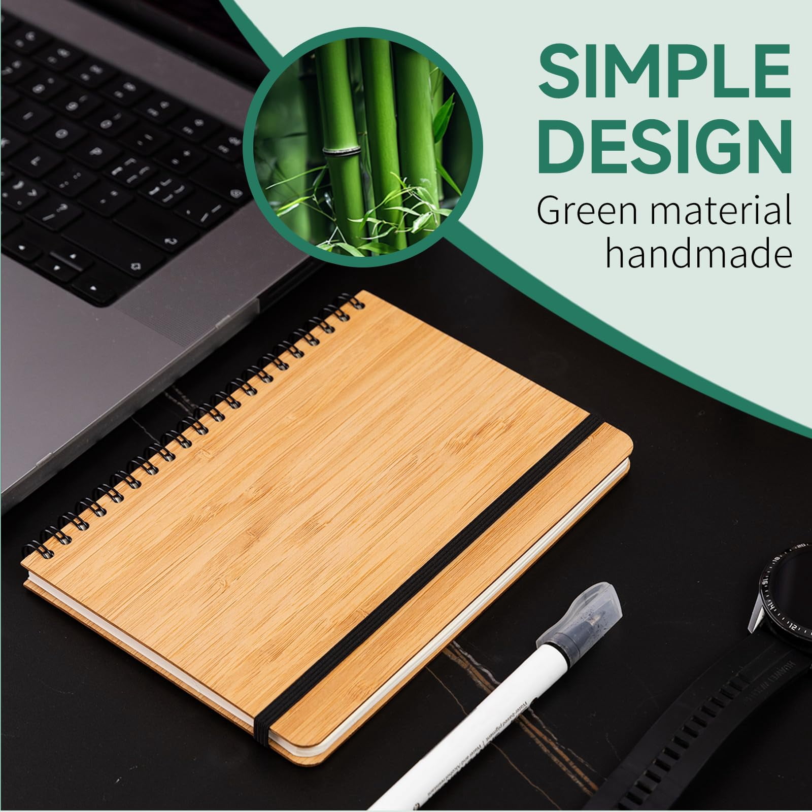 4 Packs Lined Bamboo Notebook Journals  Wooden Notebooks 80 Pages 5" * 7" Hardcover College Thick Paper Journaling For Work Women Men School