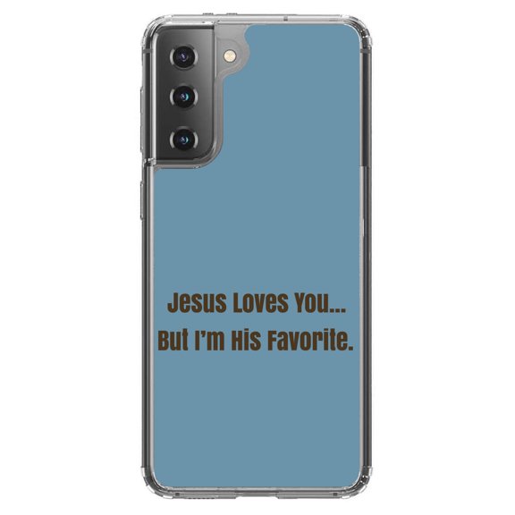 DistinctInk Clear Shockproof Hybrid Case for Galaxy S21  PLUS 5G (6.7" Screen) - TPU Bumper, Acrylic Back, Tempered Glass Screen Protector - Jesus Loves You… But I'm His Favorite - Love of Christ