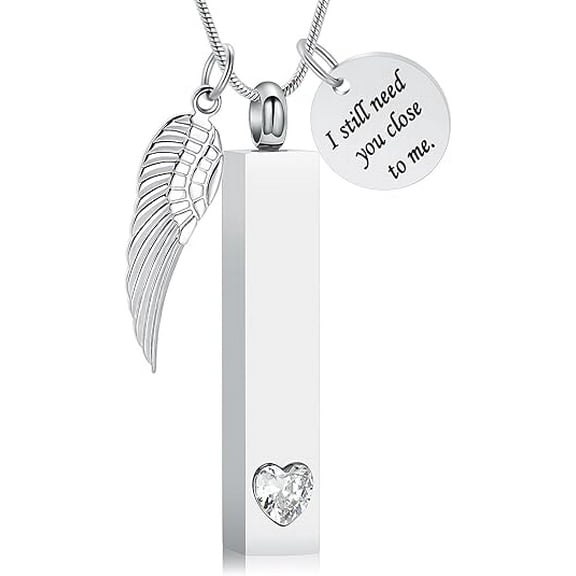 Cremation Jewelry for Ashes with Angel Wing Charm Vertical Bar Urn Necklace Stainless Steel Memorial Keepsake Pendant for Women