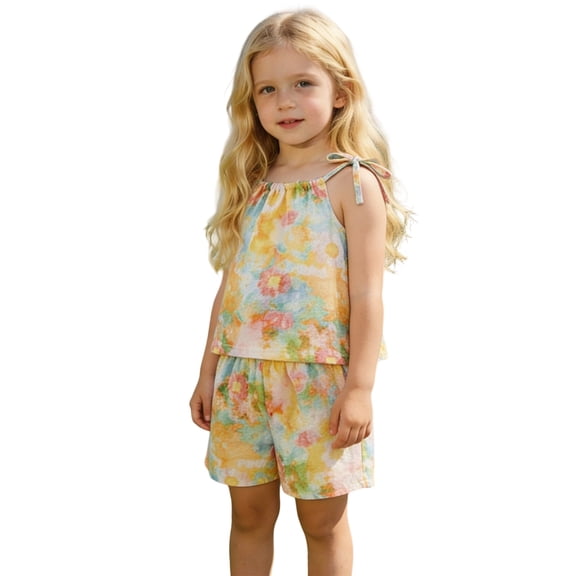Toddler Girls Outfits 2 Piece Set Sleeveless Straps Floral Print Tops And Shorts Summer Clothes Kids Clothing Set Size 18-24 Months