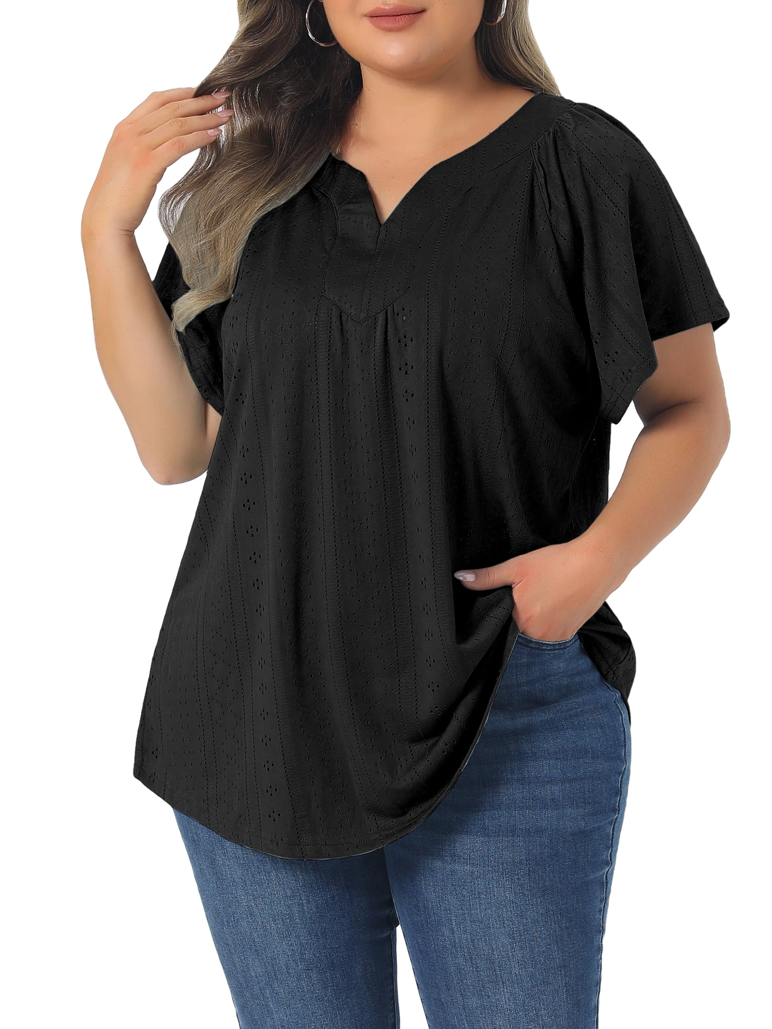 DARING DIVA Women's Plus V Neck  Eyelet Embroidery Casual V-Neck Blouse 1X Black