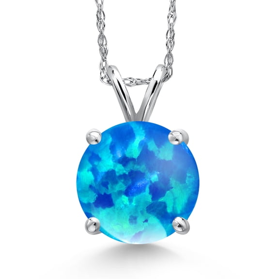 Gem Stone King 14K White Gold Simulated Blue Opal Pendant Necklace for Women | 0.94 Cttw | Gemstone October Birthstone | Round Cabochon 10MM | With 18 inch Chain