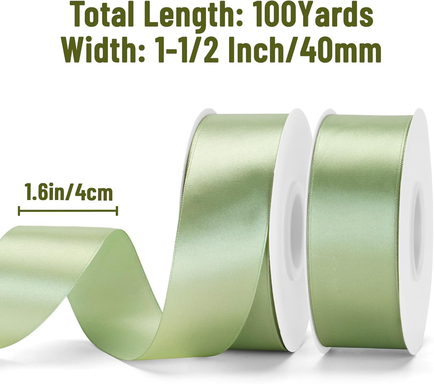 Sage Green Satin Ribbon – 1 1/2'' x 100 Yards Polyester Sage Ribbon for Gift Wrapping, Light Green Ribbons for Crafts, Wedding Invitations, Baby Shower Decor, Floral Bouquets, Wreath Bows