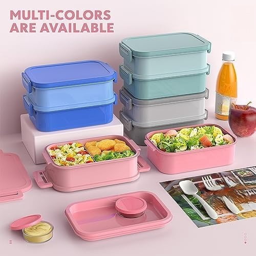 Bento Lunch Box for Adults - 3 Layers Leak-Proof Stackable Bento Box for Adults, 72oz Large-Style All-in-One Adult Lunchbox Bento Box with Utensil Accessories for Dining Out,Work, Pink