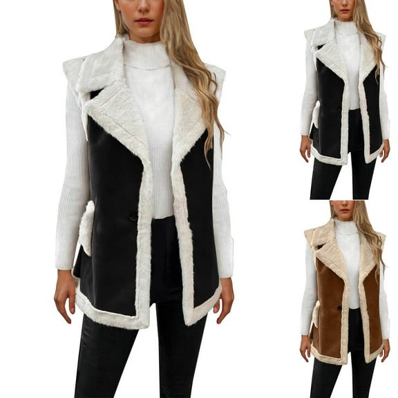 Hvyesh Sherpa Vest Womens Winter Faux Fur Suede Leather Vest Jacket Lapel Collar Sleeveless Jackets Trendy Coat