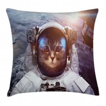 Space Cat Throw Pillow Cushion Cover, Astrounaut Cosmonaut Cat in Suit with Space Satellite Eclipse Image, Decorative Square Accent Pillow Case, 18 X 18 Inches, Blue Grey and White, by Ambesonne