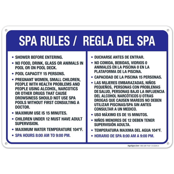 Spa Rules Sign, Bilingual English Spanish, 10x14 Aluminum