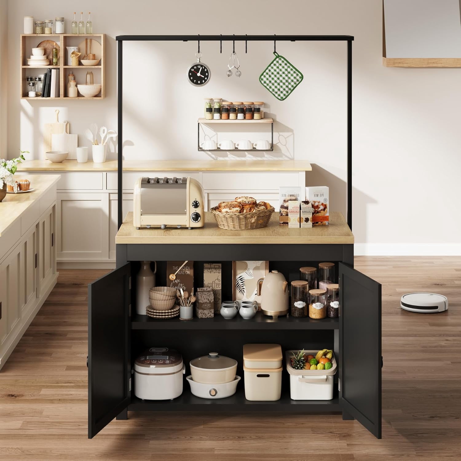 42" Kitchen Island with Storage, Multi-Functional Island Table with 2-Tier Shelves, Kitchen Counter with 5 Hooks for Kitchen, Dining Room
