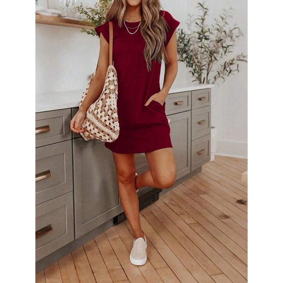 Burgundy Womens Casual Short Sleeve Pocket Mini Dress For Everyday Summer Wear