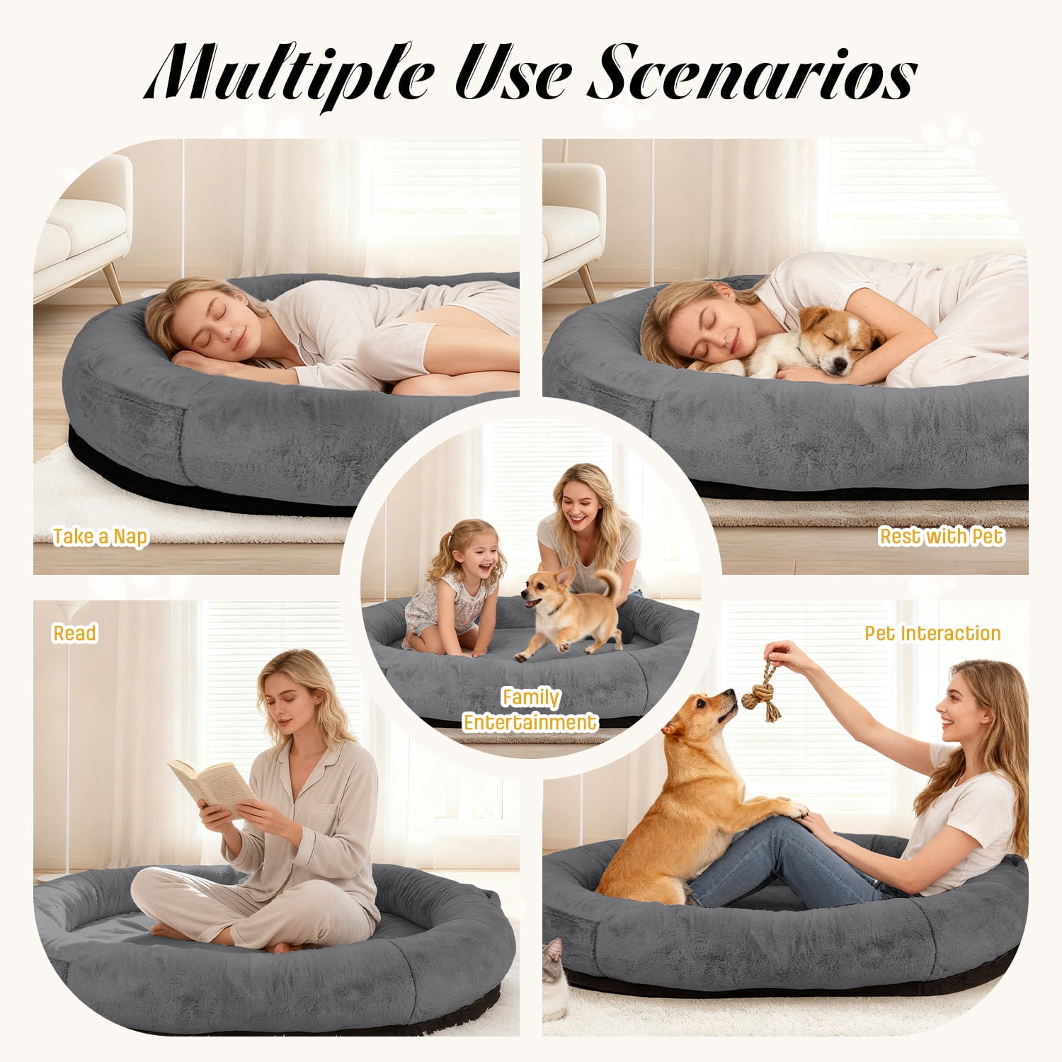 Hidpriva Human Dog Bed for Adults, 71" Extra Large Human-Sized Dog Bed, Washable Faux Fur with Blanket and Pillow,Dark Grey