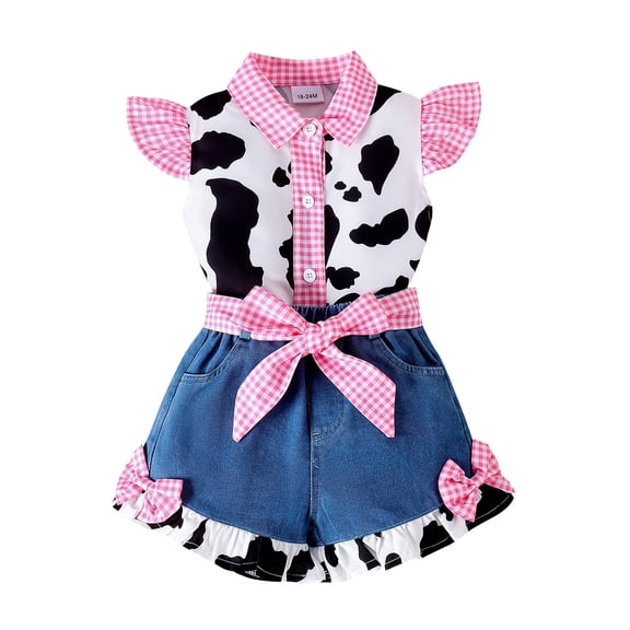 Toddler Girl Outfits 2 Piece Denim Graphic Print Lapel Flutter Sleeve Bowknot Top And Trousers Everyday Wear Girls' Clothing Sets 18 Months-24 Months