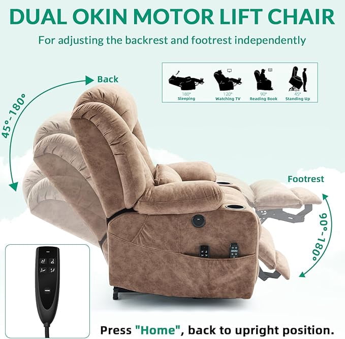 VIVIJASON Tall Man Dual Motor Power Lift Recliner, Oversized Lay-Flat Sleeper with Extended Footrest, Heat, Massage, Lumbar Pillow & USB/Type-C, Plush Brown