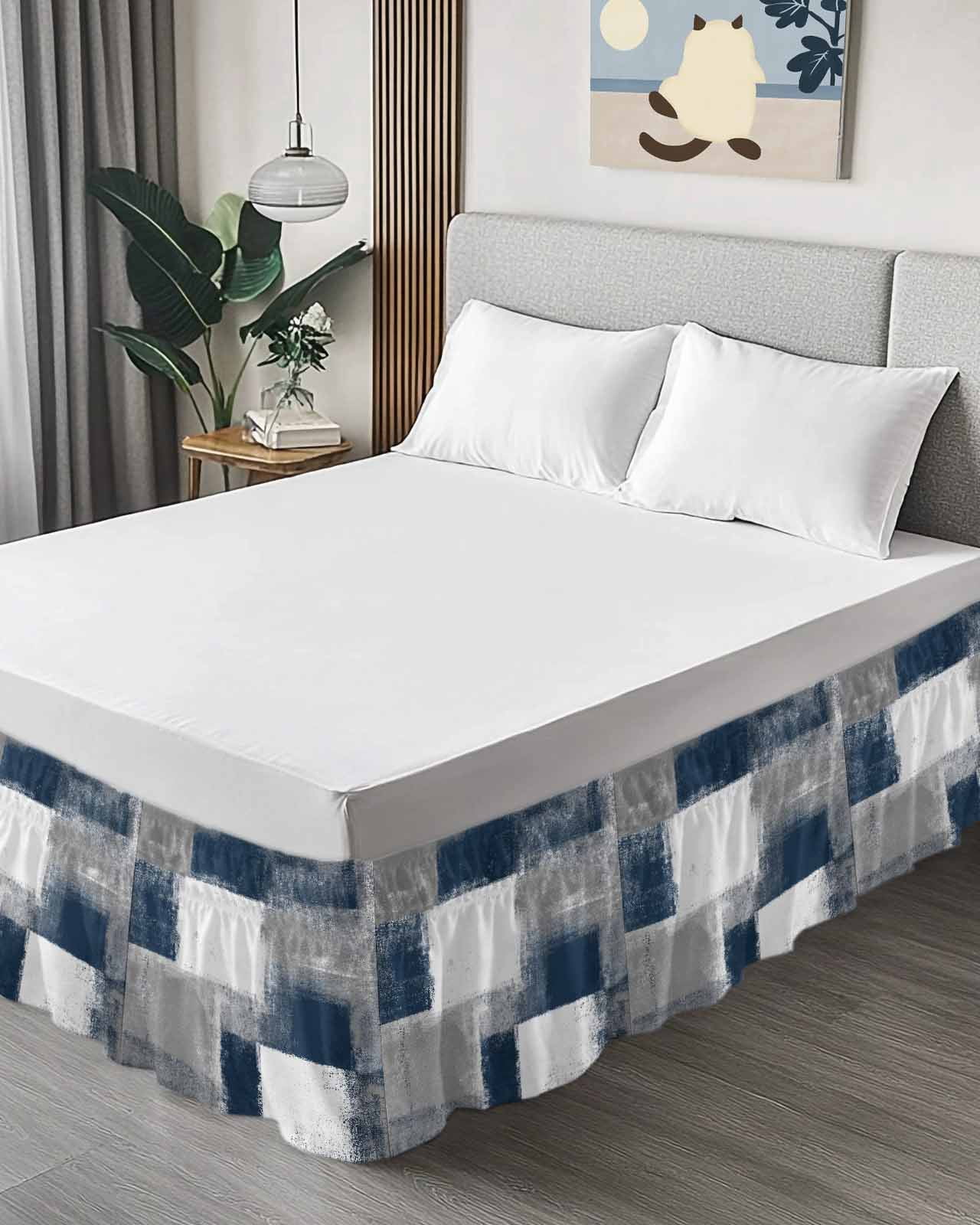 Navy Grey Abstract Art Bed Skirt Queen Size 16" Drop White Graffiti Retro Gradient Ruffled Wrap Around Bed Skirts Adjustable Elastic Bedskirt Dust Ruffle for Queen Size Bed